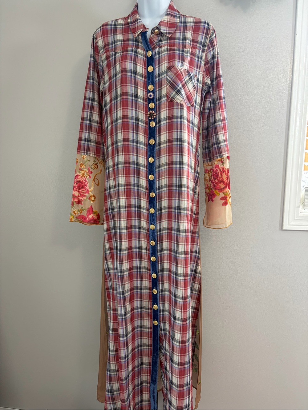NWOT Aratta Silent Journey- Button-Front Plaid Maxi Dress/ Duster